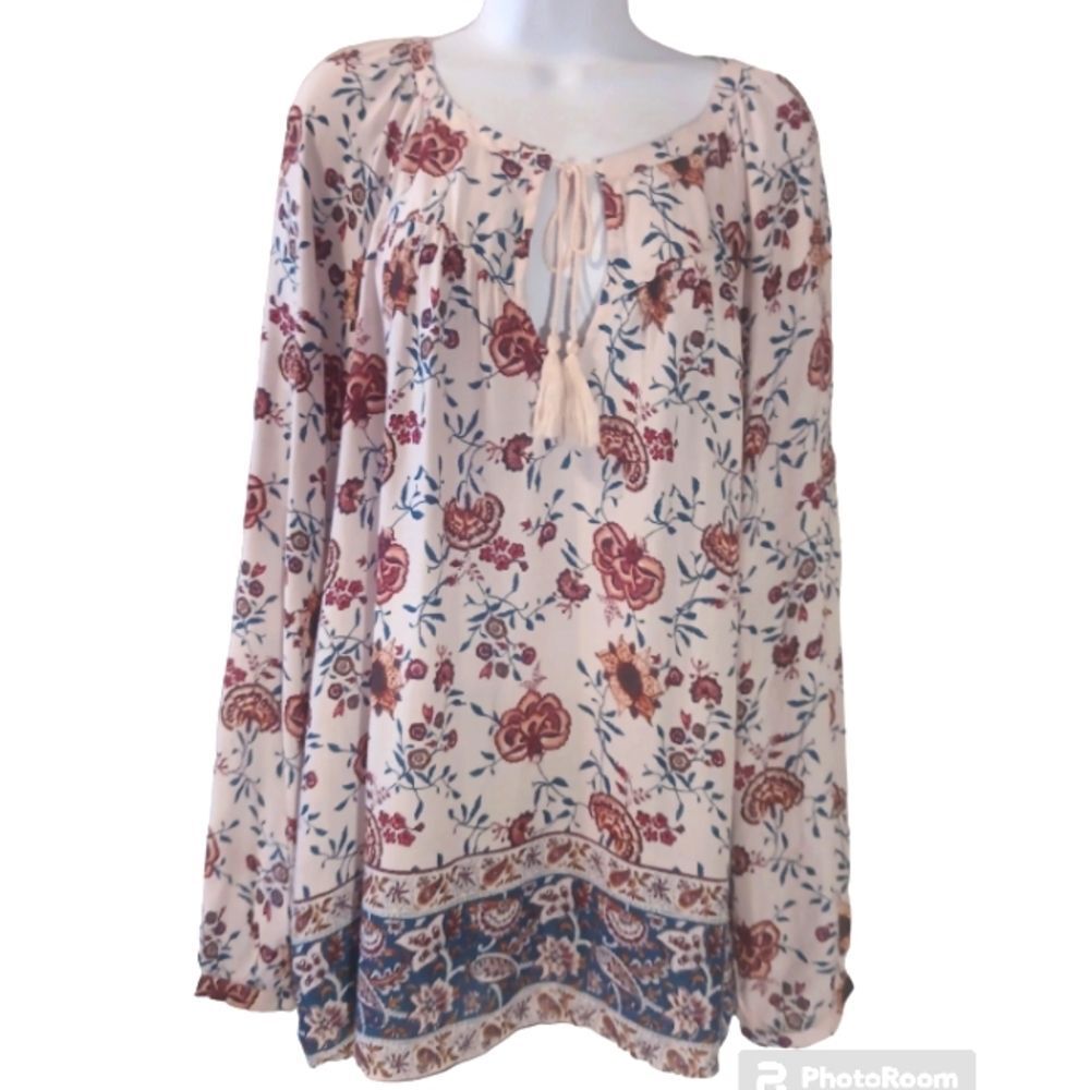 Lucky brand floral paisley boho peasant blouse size XL